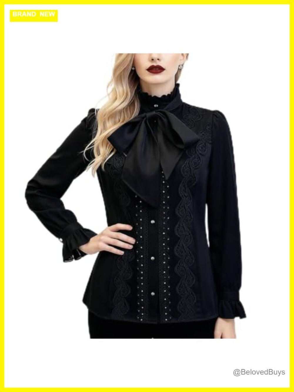 Pearl Button Victorian Style Blouse Ruffle Stand Collar Long Sleeve